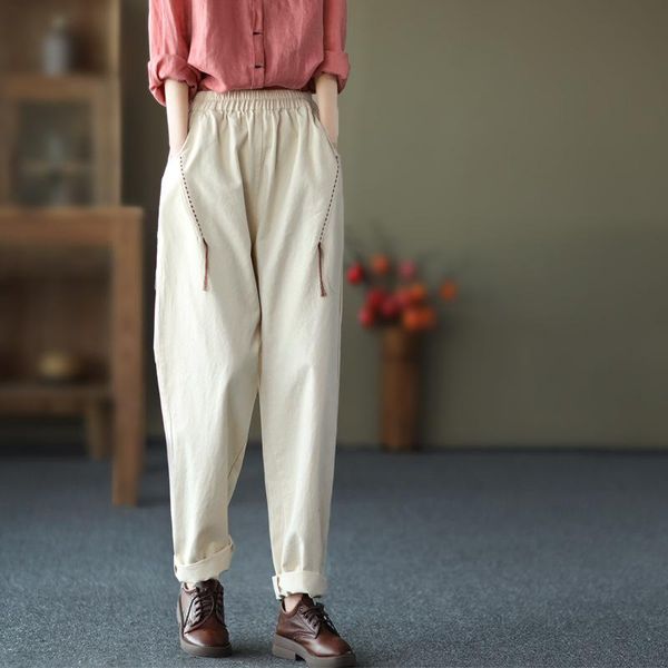 

women's pants & capris 2021 autumn for women harajuku cotton harem vintage tassel ankle length elastic waist girls trousers, Black;white
