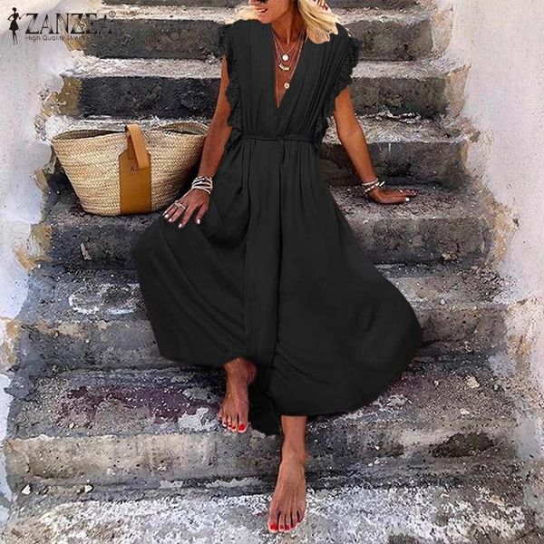 

bohemian v neck maxi dress women's summer sundress zanzea 2021 casual sleeveless lace patchwork long vestidos female solid robe, Black;gray