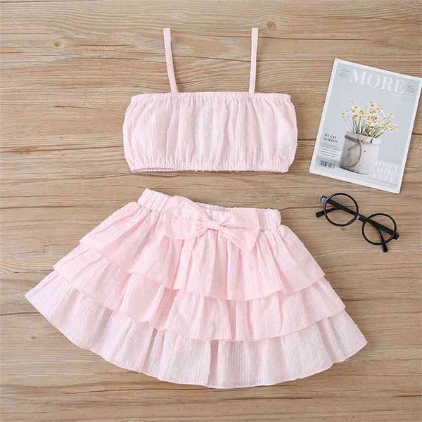 

summer children sets casual strap solid pink bow cake skirt 2pcs girl clothes 18m-6 210629, White