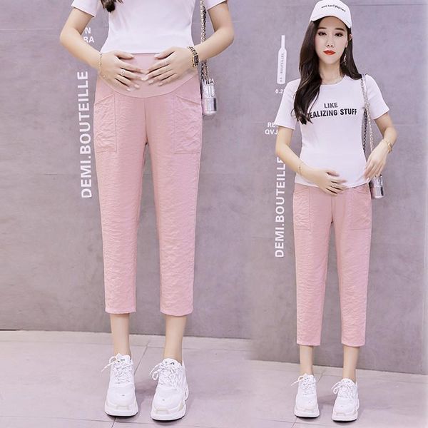 

8012# maternity pants plain color summer casual pants loose comfy belly support elastic waist maternity trousers, White
