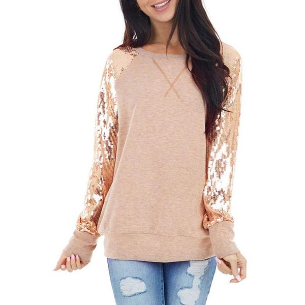 

women's t-shirt womens autumn fashion long sleeve 2021 solid round collar sequined patchwork casual female tee femme, White