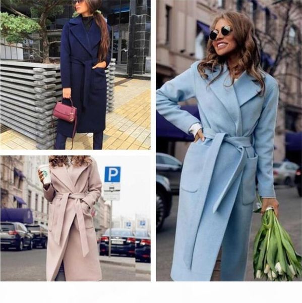 

fashion women coat blends casual solid long sleeve lapel neck loose blends with sashes outerwear women designer coat, Black