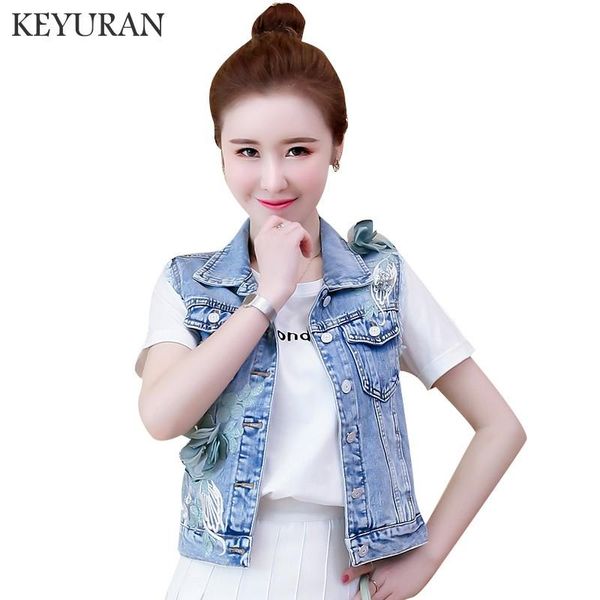 

women's vests korean fashion three-dimensional flower denim vest women turn-down collar short sleeveless waistcoat cardigan, Black;white