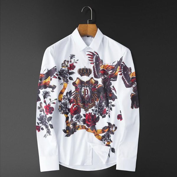 

men's casual shirts lux print shirt men long sleeve slim business dress streetwear party groom chemise homme flower, White;black