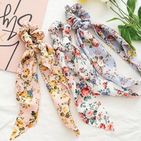 

fashion floral long scrunchies hair ribbon elastic hair bands bow knot ponytail scarf for women girls hair accessories, Golden;silver