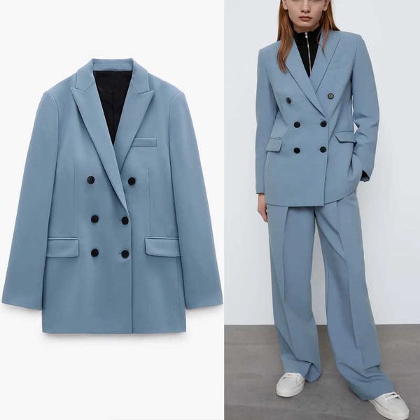

za blue double breasted spring blazer women long sleeve office lady coat blazers woman chic flap pockets elegant 210602, White;black