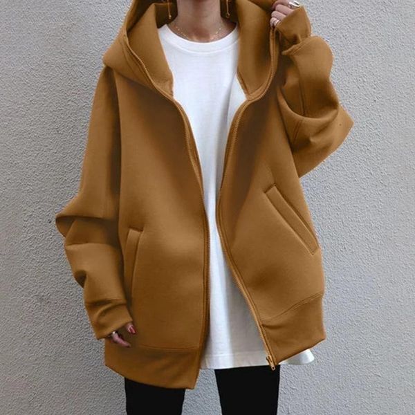 

women's hoodies & sweatshirts women solid color long sleeve autumn winter fashion pockets zipper sports coat casual sport loose hooded, Black