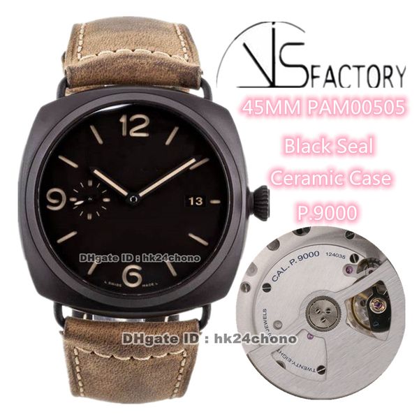 

version watches vs 45mm black seal ceramic vs505 00505 p.9000 automatic mens watch black dial leather strap gents wristwatches, Slivery;brown