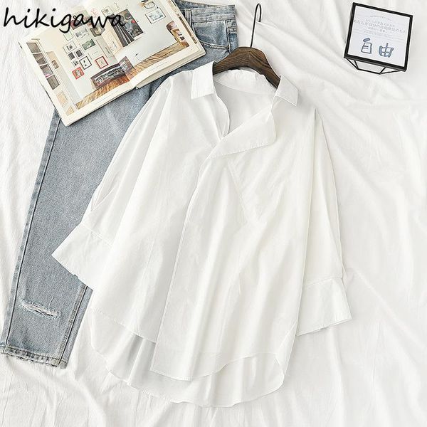 

women's blouses & shirts hikigawa shirt korean fashion long sleeve irregular hem solid casual straight blusas mujer, White