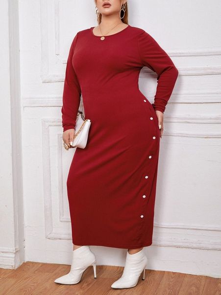 

solid button plus side dress k2yk#, Black