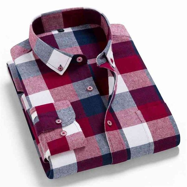 Primavera Autunno 100% cotone maschio casual camicia a maniche lunghe uomo caldo vestiti flanella plaid uomo taglie forti 3XL 4XL 210809