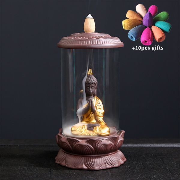 

ceramic buddha statue backflow incense burner with acrylic cover home decor tathagata waterfall incense holder + 10pcs cones