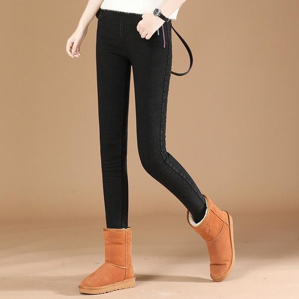 

women's leggings korean comfortable winter arrival high elastic waist plush warm casual jeans pencil thick size m l, Black