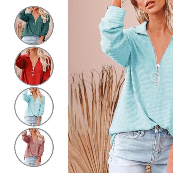 

women's blouses & shirts soft casual solid color zipper lapel blouse t-shirt spring long sleeve for trip, White