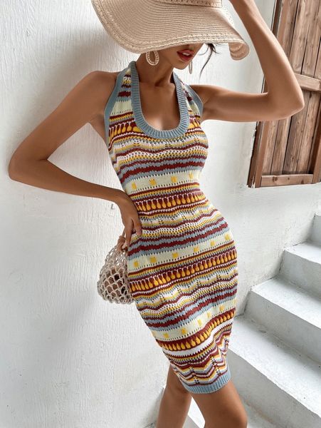 

chevron pattern pointelle knit backless halter sweater dress r70n#, Black;gray