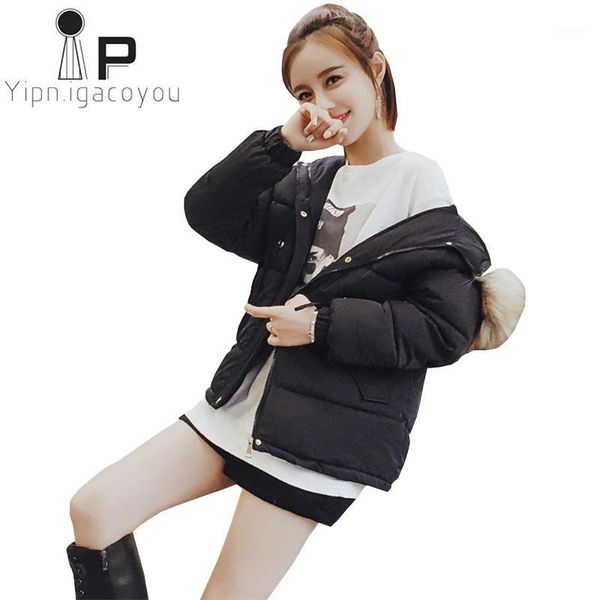

parka women 2018 winter plus size korean black coat women down jacket big fur collar hooded wadded jacket short outwear female1