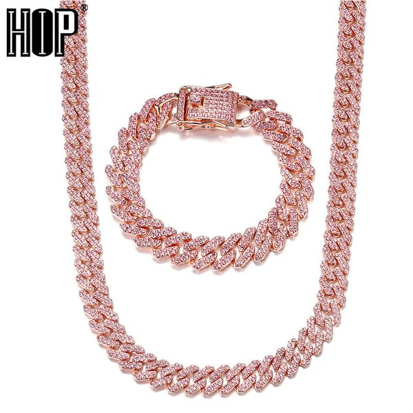 

hip hop 12mm prong cuban chain full iced out paved pink rhinestones miami cz bling rapper necklaces bracelets for women jewelry, Silver