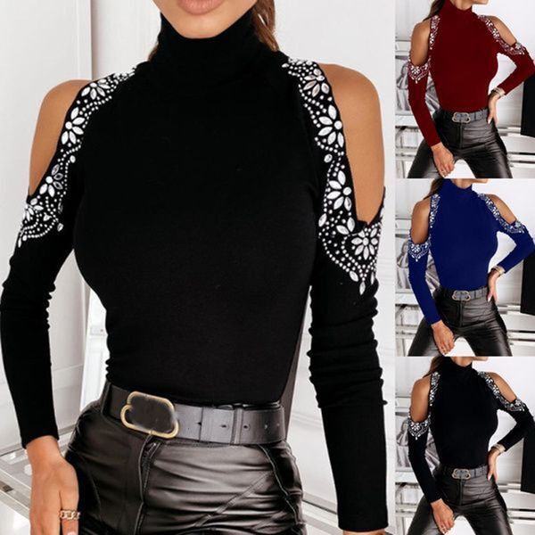 

2021 new fashion solid color drill strapless bottoming shirt women slim high neck long sleeve base blouse femme blusas famz, White