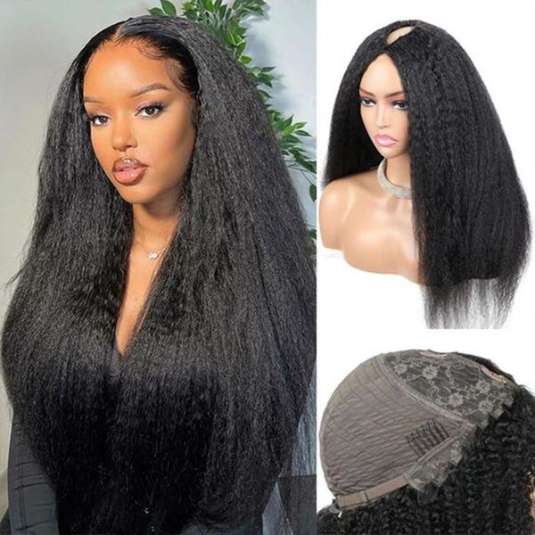 

kinky straight v part wig human hair no leave out side part 200% density glueless u parts for women wigs shippings, Black