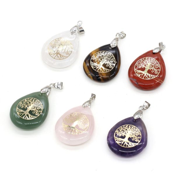 

chakra reiki healing semi-precious stone pendant waterdrop tree of life pattern charms amulet crystal meditation for men women jewelry makin, Silver