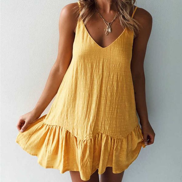 

lossky loose summer dress cotton white halter v-neck ruffled women casual spaghetti strap mini beach clothes for women 2020 y0603, Black;gray