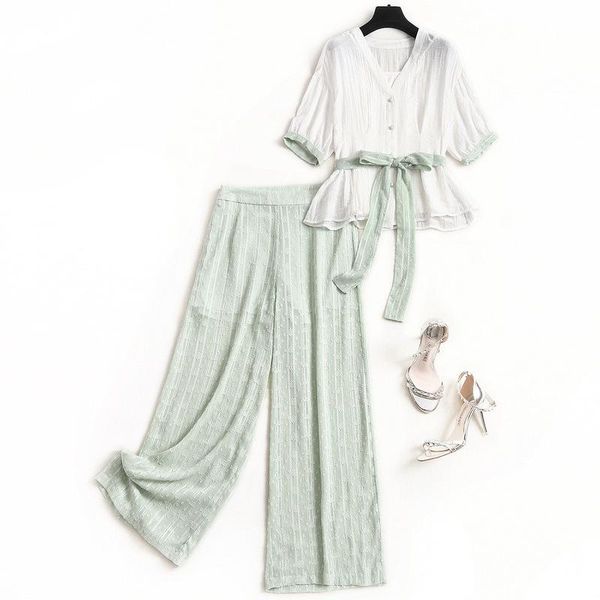 

women's two piece pants 2021 fashion suit v-neck single-breasted lace-up chiffon shirt suspenders wide-leg set ensemble femme, White