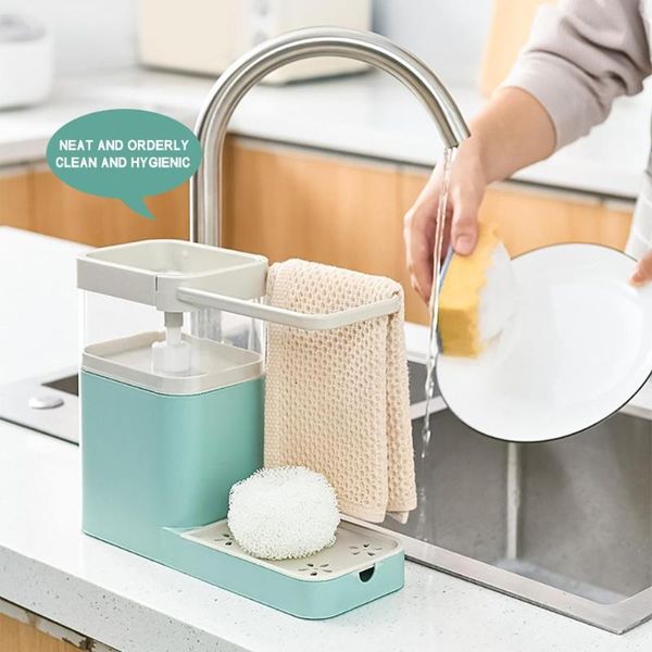 

liquid soap dispenser 3 in 1 pump with sponge holder cleaning container press organizer kitchen cleaner tools