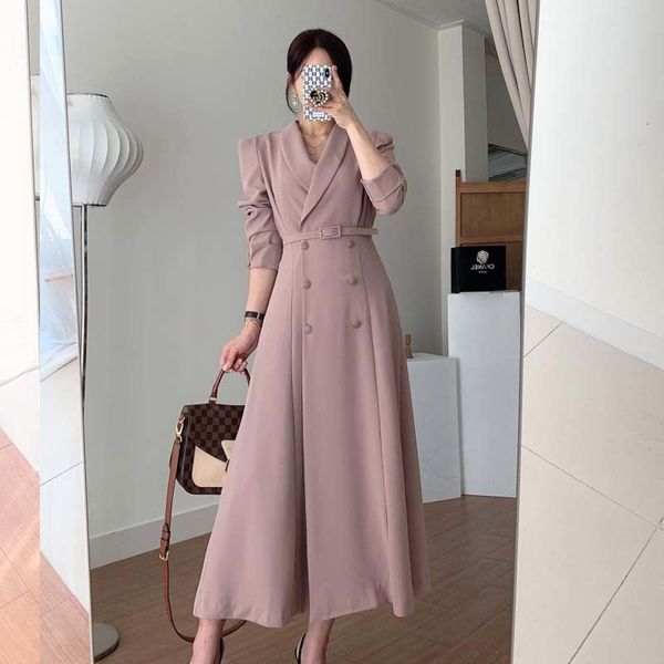 

elegant style double with belt suit autumn long thin waist female dress 2021 new 61qm, Black;gray