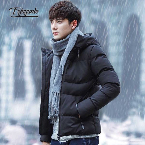 

fojaganto men's hooded coat, thick coat, warm, solid color, short waist, korean style, Black