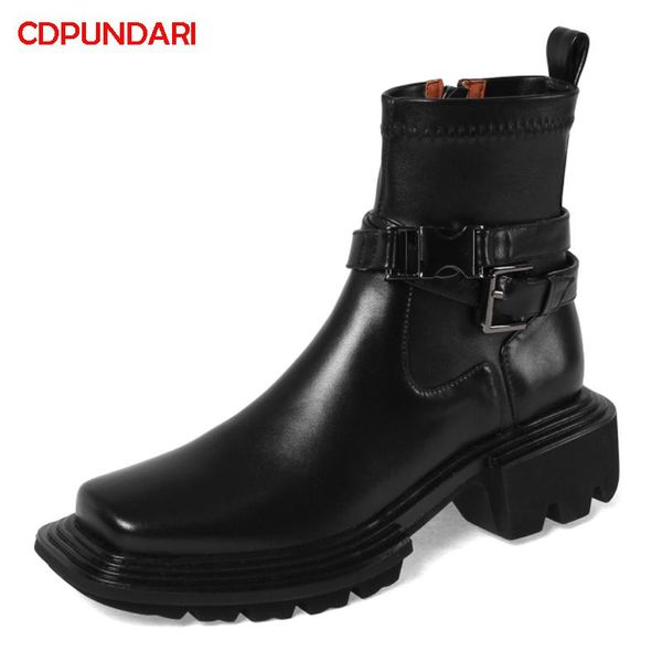 

boots black genuine leather high heels ankle for women belt buckle punk short shoes botines mujer bottes plateforme femme