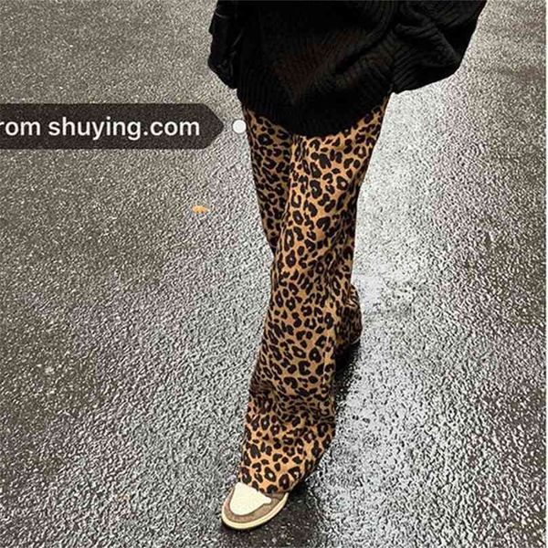 Leopardo Coreano Imprimir Pant Calças Legais Cintura Alta Tubo Reto Casual Mops Mops Femininos Moda Suor 210925