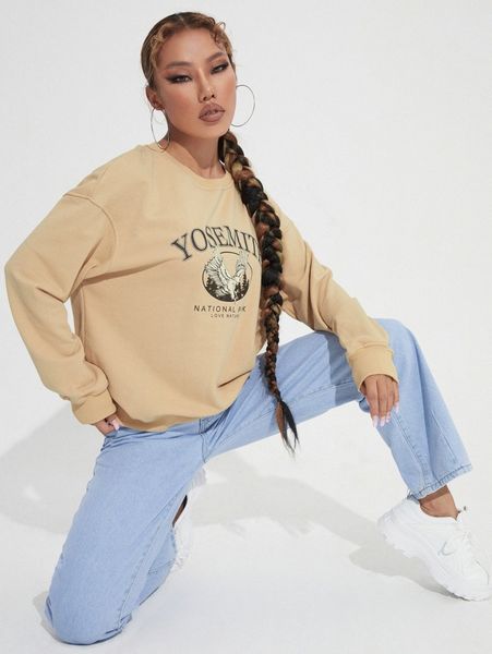 

eagle & slogan print drop shoulder pullover c9h0#, White;black