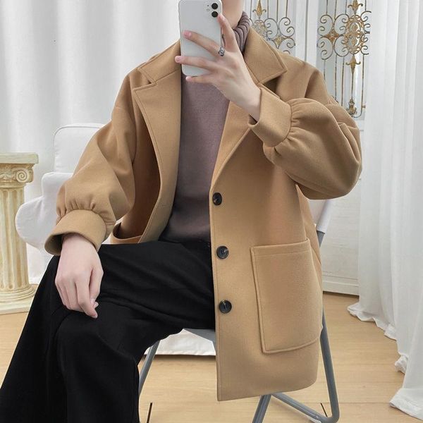 

men's wool & blends winter mid-length woolen coat men warm fashion multi-color jacket korean loose overcoat, Black