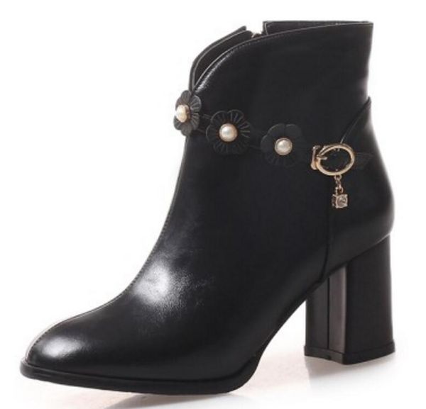 

boots sapato feminino women ankle pu leather shoes woman chunky high heels gladiator chaussure booties flowers pearls xz181626, Black