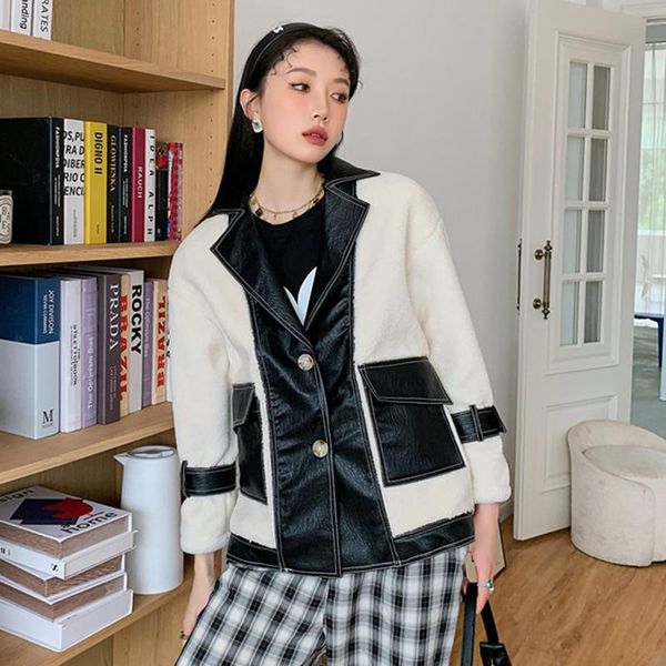 

women's jackets [ewq] autumn winter fashion chic contrast lamb wool jacket women 2021 loose notched single breasted coat female tide 16, Black;brown