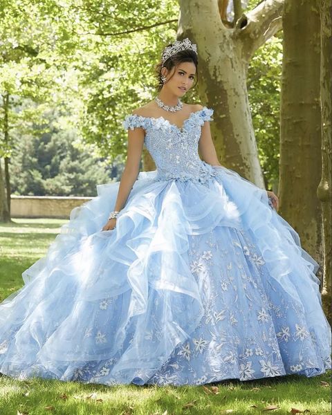 

light sky blue princess quinceanera dress 2021 off shoulder appliques sequins flowers party sweet 16 gown vestidos de 15 aos, Blue;red