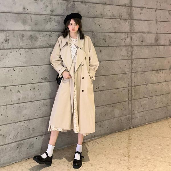 

women's trench coats spring autumn women solid long coat double breasted belt slim korean windbreaker, Tan;black