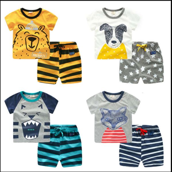 

summer 2021 children's boys and girls' short sleeve cartoon printed striped shorts set, White
