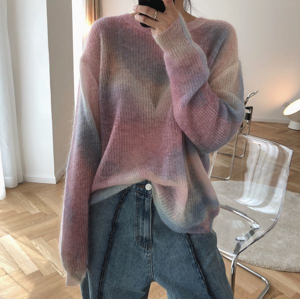 

2021 autumn and winter new knitting o neck loose dizzy tie-dye full sweaters women x6k1, White;black