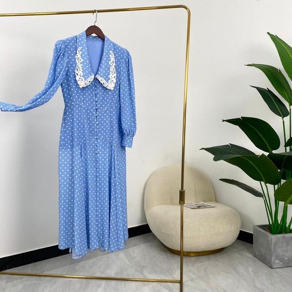 

casual dresses silk women fashion long sleeve white dots blue midi, Black;gray