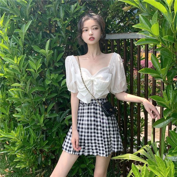 

half all female summer new square neck high-waist bow high-bending short skirt fashion two sets of tide 0k96, Black;gray