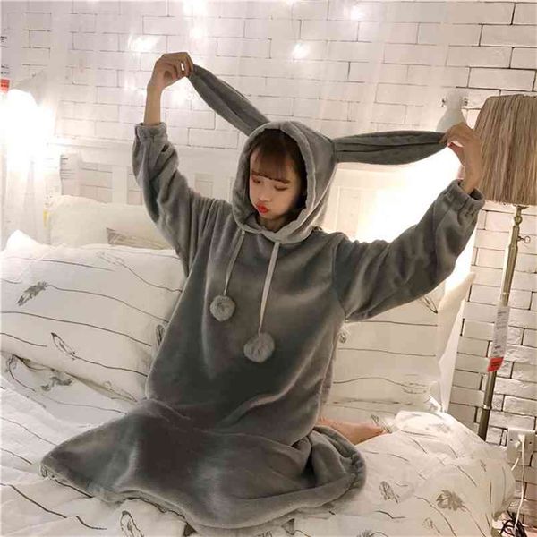 

autumn and winter arrival lovely style robe flange fluffy balls rabbit ears decorated hooded dress 210527, Black;gray