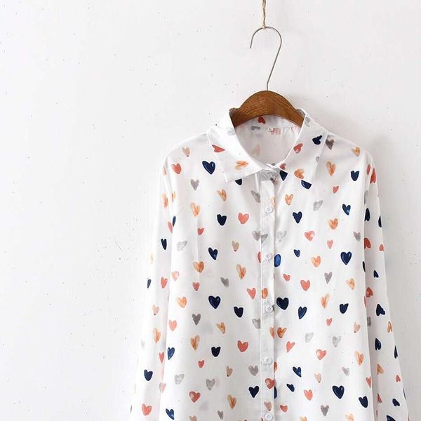 

2021 blouses women fashion long sleeve turn down collar colorful heart print korean shirt casual slim blouse shirts, White