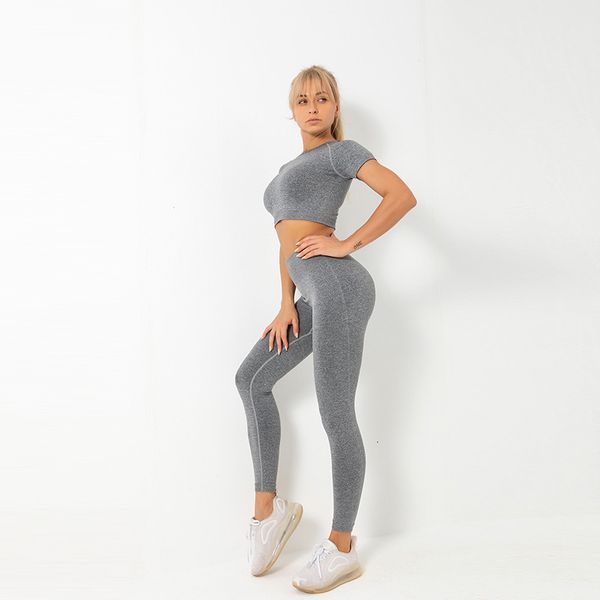

women in yoga set gym clothes high waist sports without sewing leggings harvest shirt running sfbr, Gray