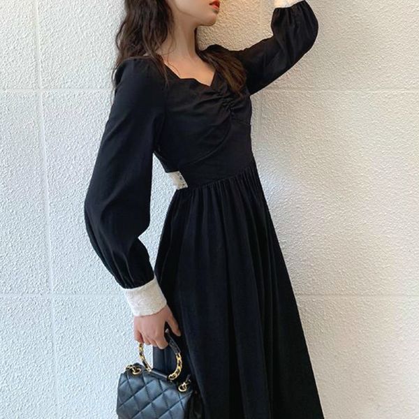 

2021 new elegant vintage women french style black chiffon midi hepburn long sleeve party women's clothing autumn swb0, Black;gray