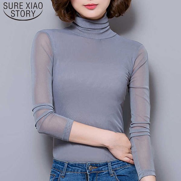 

casual mesh blouse autumn long sleeve women winter turtleneck elasticity black shirt slim tight shirts 7536 50 210527, White