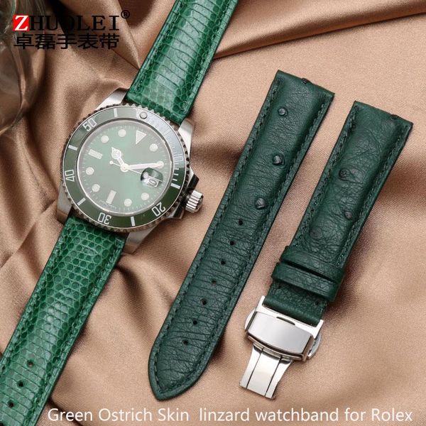

watch bands green lizard leather with rare ostrich skin for water ghost 20mm butterfly button men's, Black;brown