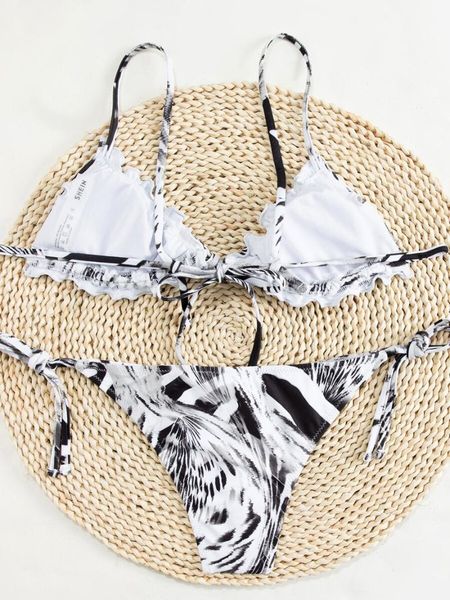 

women's swimwear lettuce trim tie side bikini swimsuit, White;black