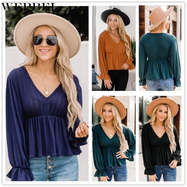 

women's blouses & shirts wepbel elegant chiffon shirt blouse lady autumn casual fashion solid color long flare sleeve v neck pleated t-, White
