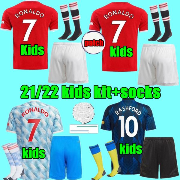 

kids kit youth manchester soccer jerseys 2021 2022 united ronaldo pogba sancho cavani utd van de beek martial b. fernandes rashford football, Black;yellow
